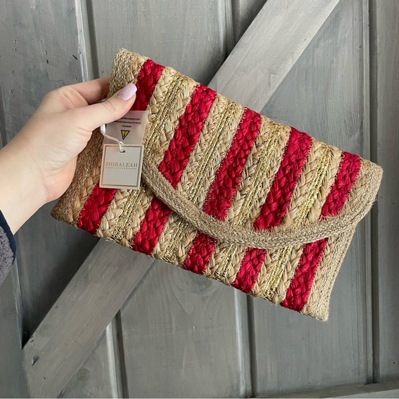 Made‎ in India Jute Blend Rope Red Gold Metallic Striped Clutch NWT boho gift